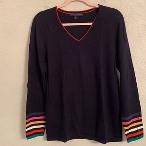Tommy Hilfiger Navy Blue Cotton V- neck Knit Sweater Size L